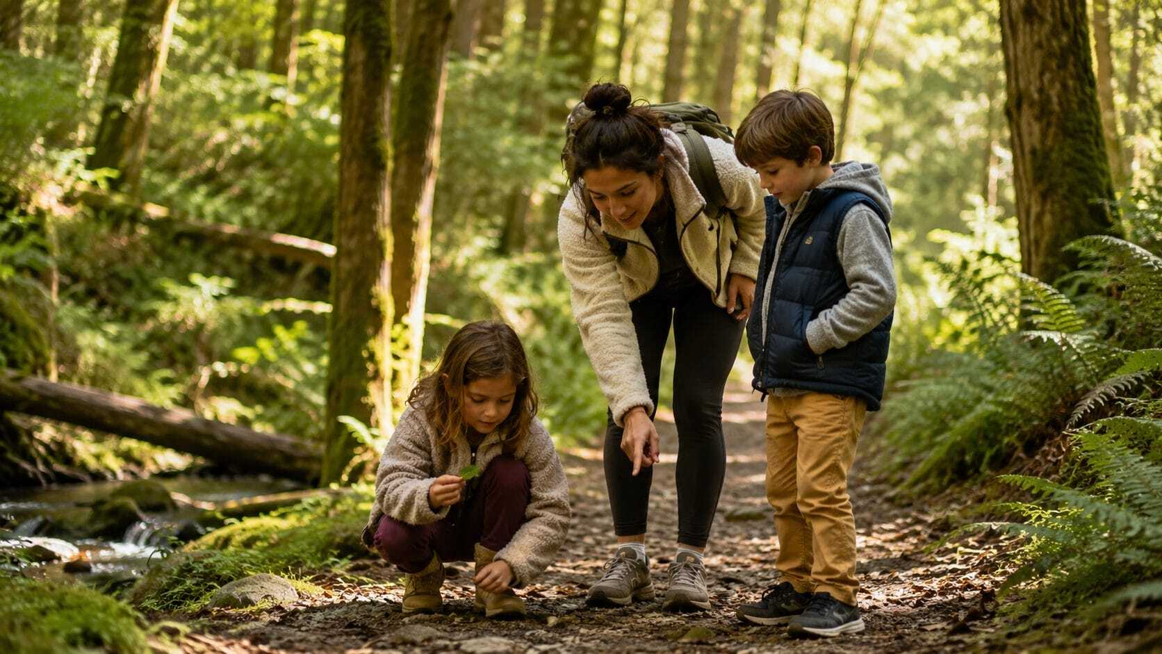 Nanny and children enjoying outdoor learning activities on a nature trail
