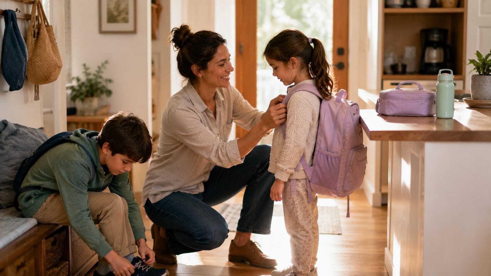 Nanny helping children get ready for a successful school year transition