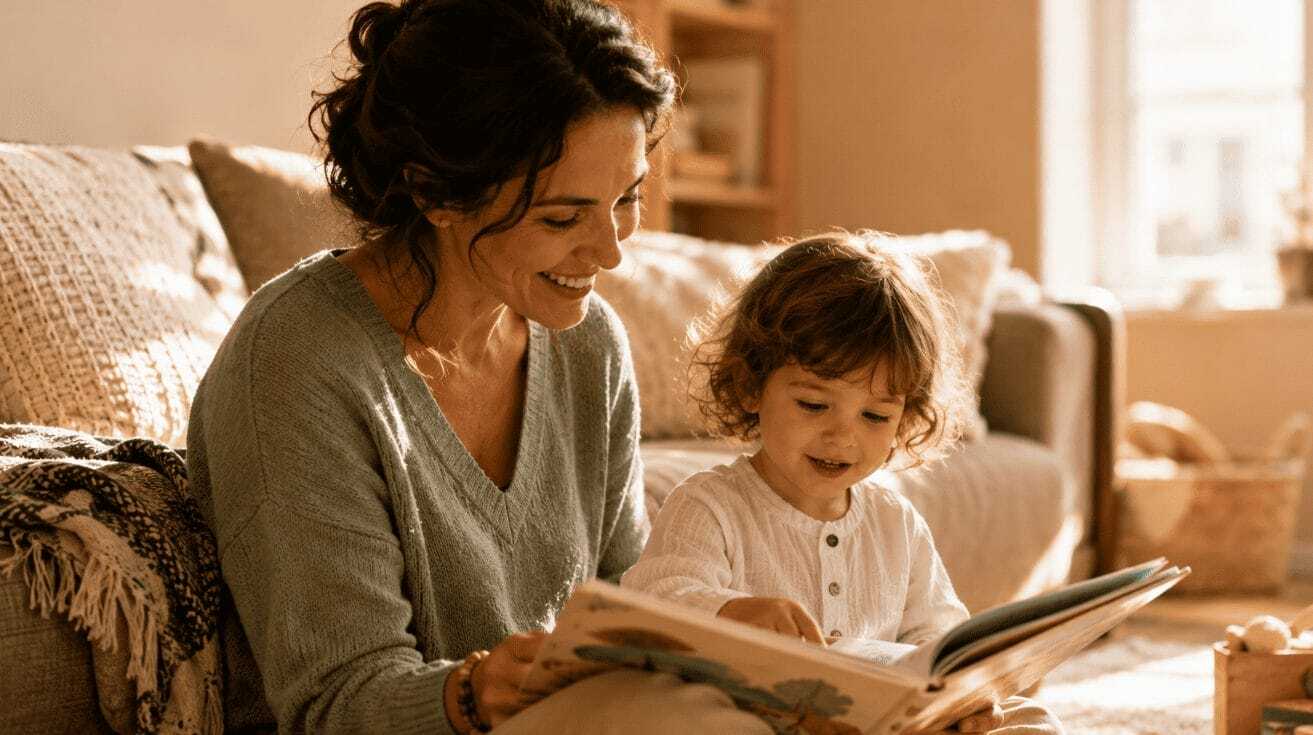 Experienced nanny reading with toddler in a home