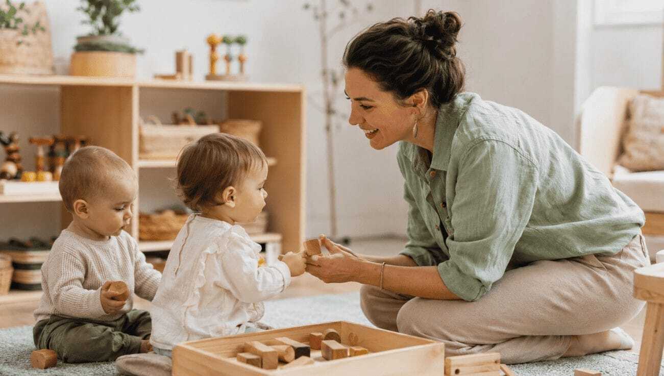 Infant teacher caring for babies in a childcare classroom