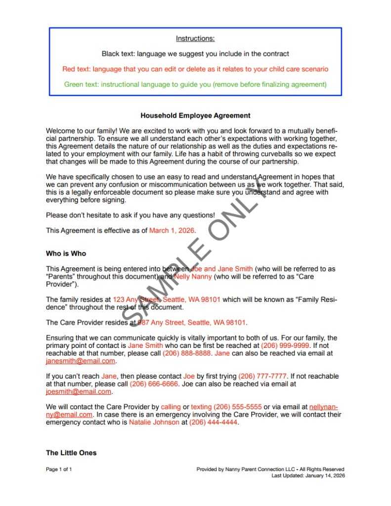 Nanny Agreement Sample Page 1