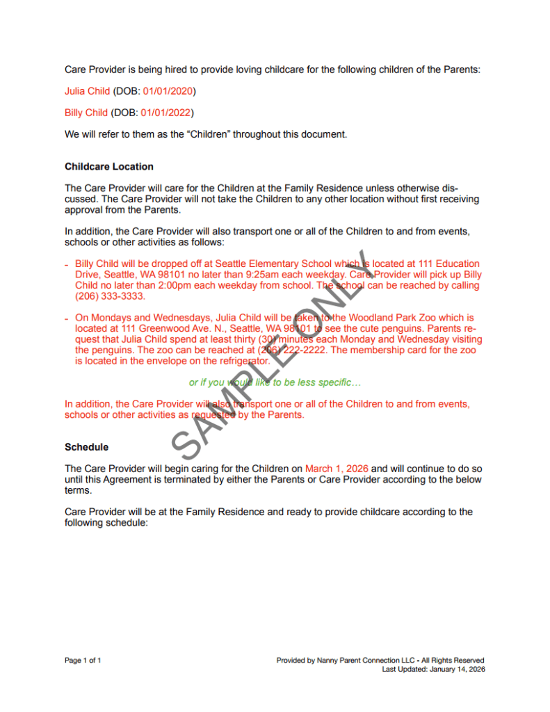 Nanny Agreement Sample Page 2