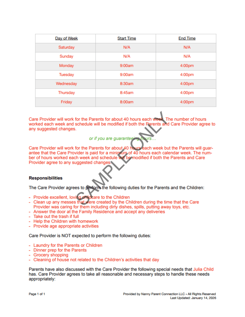 Nanny Agreement Sample Page 3