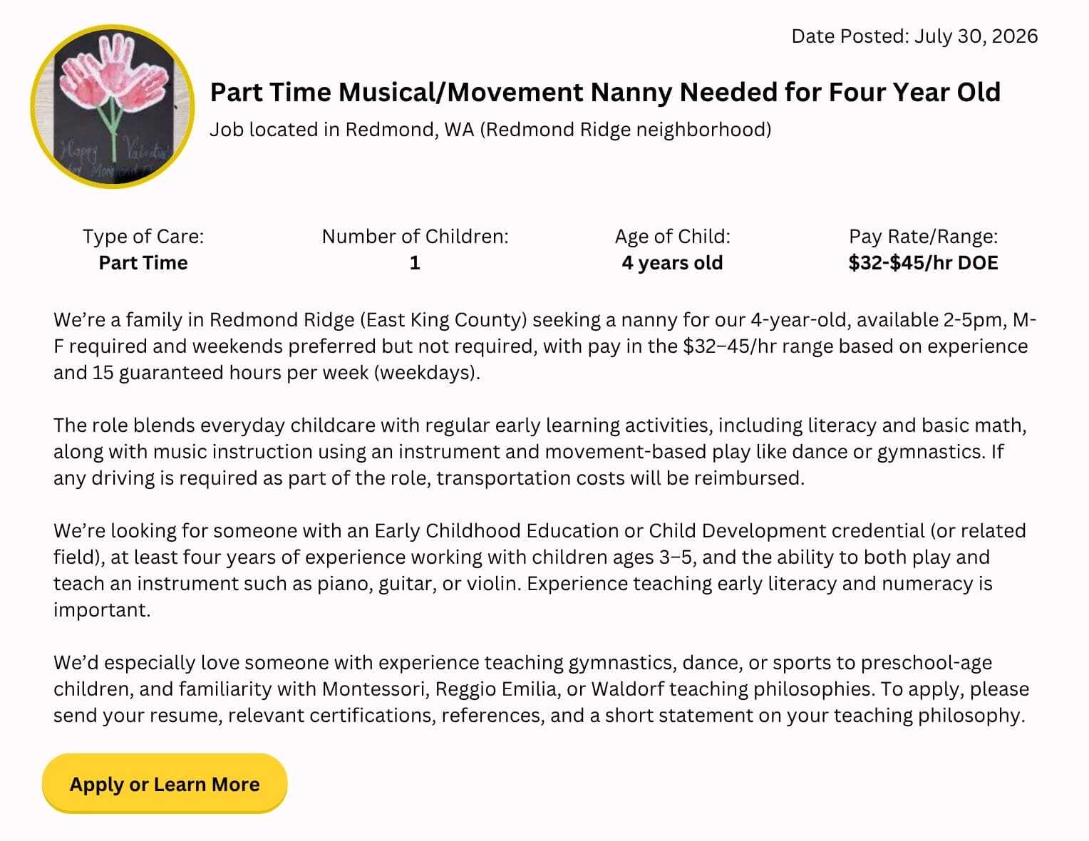 part-time musical and movement nanny job in Redmond Ridge WA for one four-year-old child