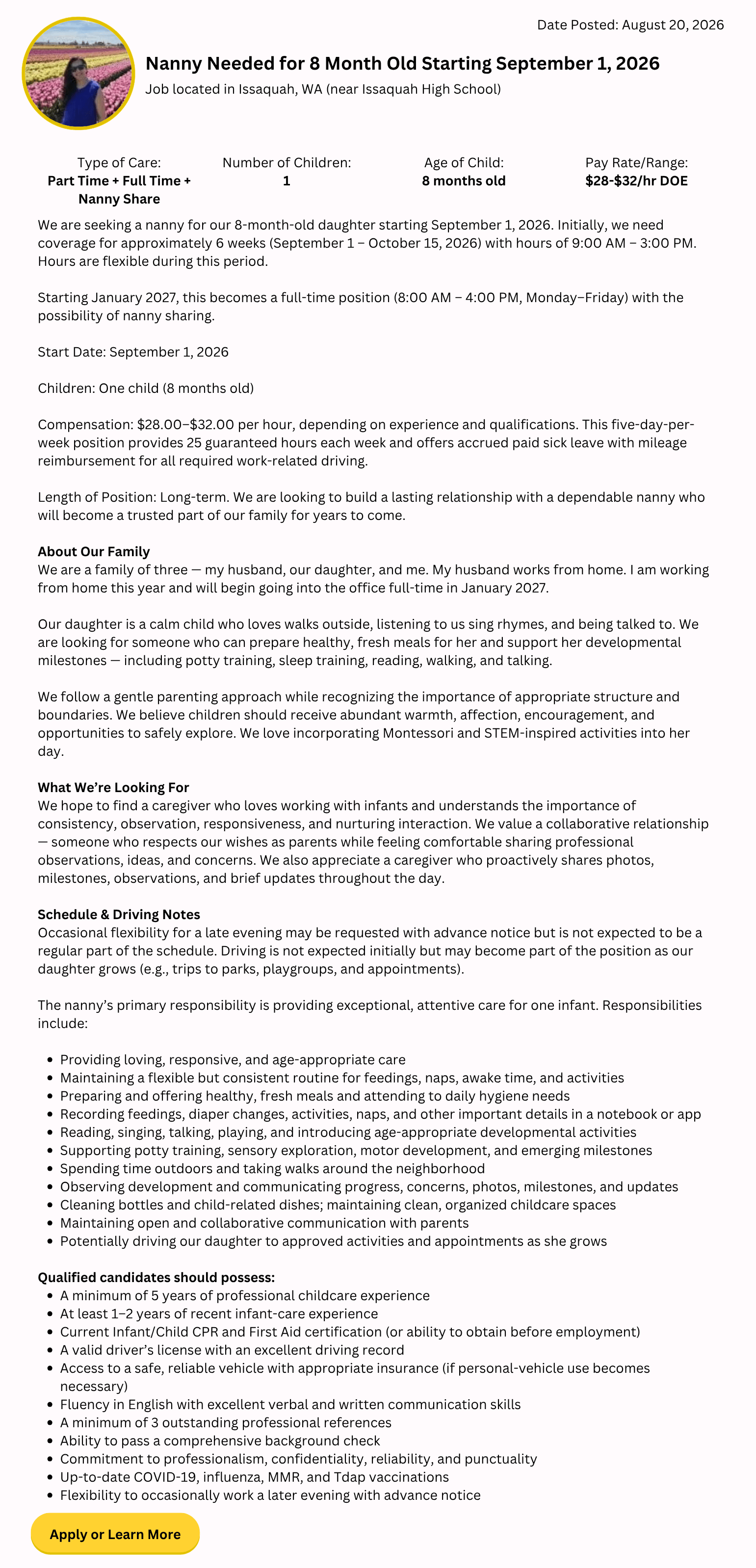 infant nanny job in Issaquah WA caring for one 8-month-old child with part-time and future full-time hours and possible nanny share