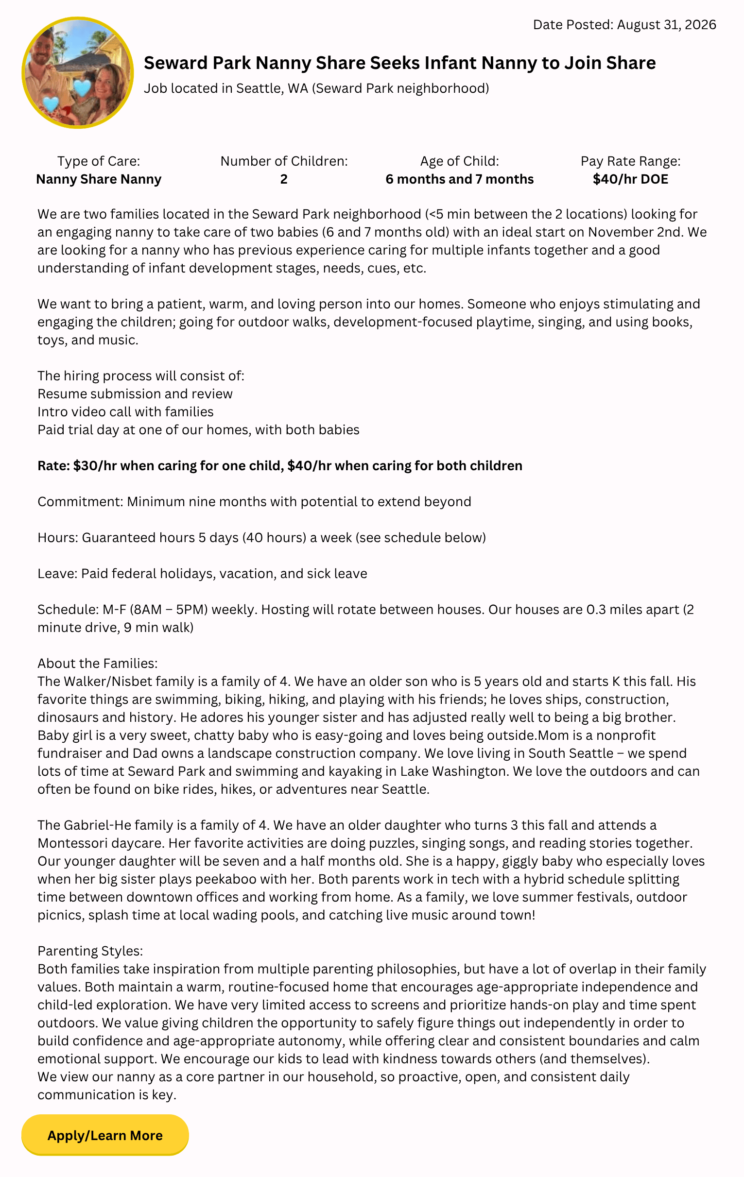 full-time infant nanny share job in Seattle Seward Park caring for two babies ages 6 and 7 months