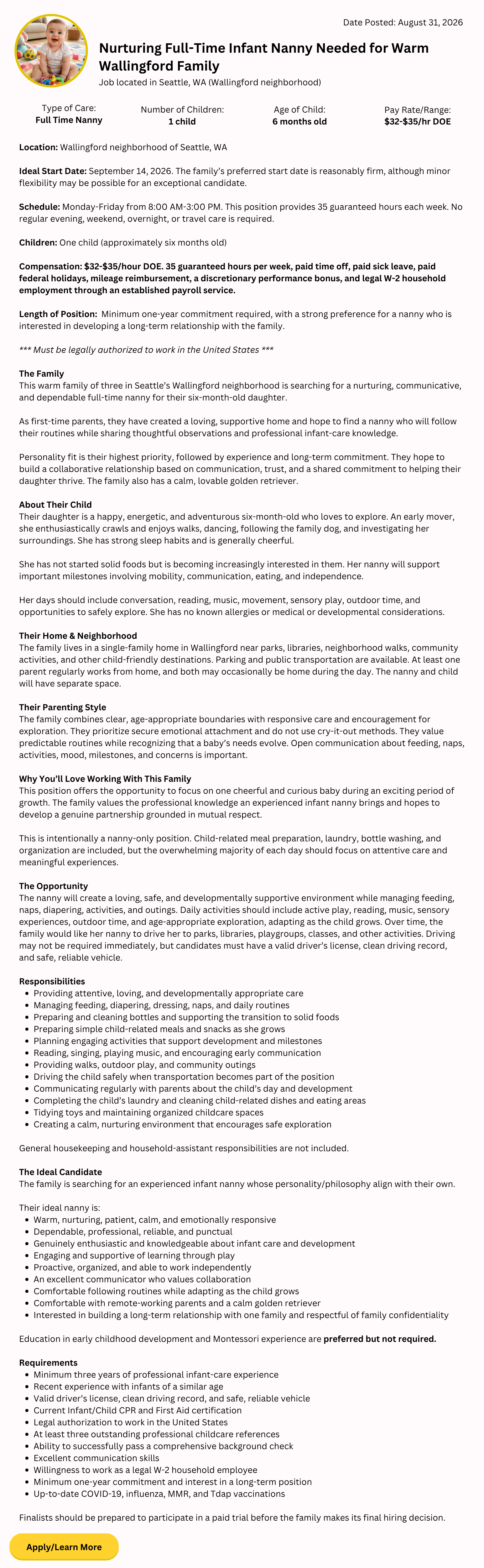 full-time infant nanny job in Seattle Wallingford caring for one six-month-old child in a long-term concierge position