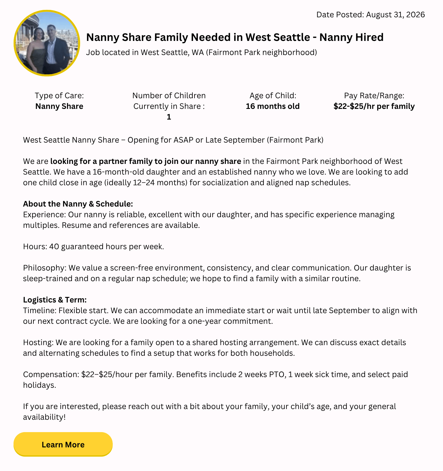 nanny share family needed in West Seattle Fairmount Park for 16-month-old toddler with established nanny