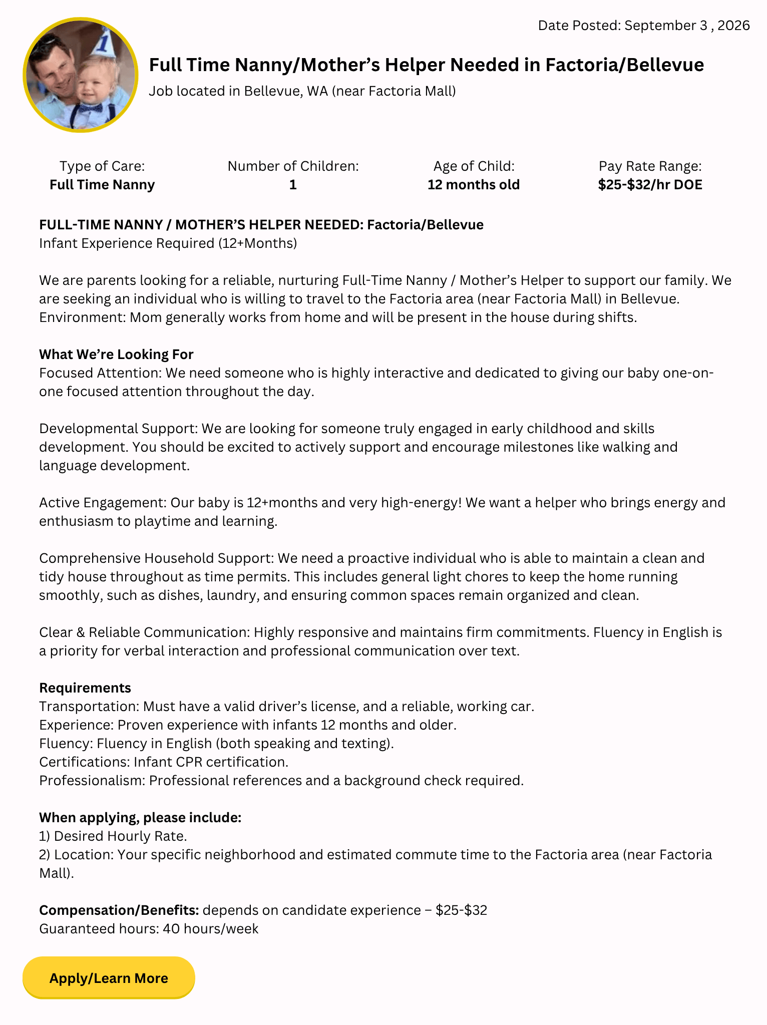 full-time nanny and mother’s helper job in Bellevue near Factoria Mall caring for one 12-month-old child