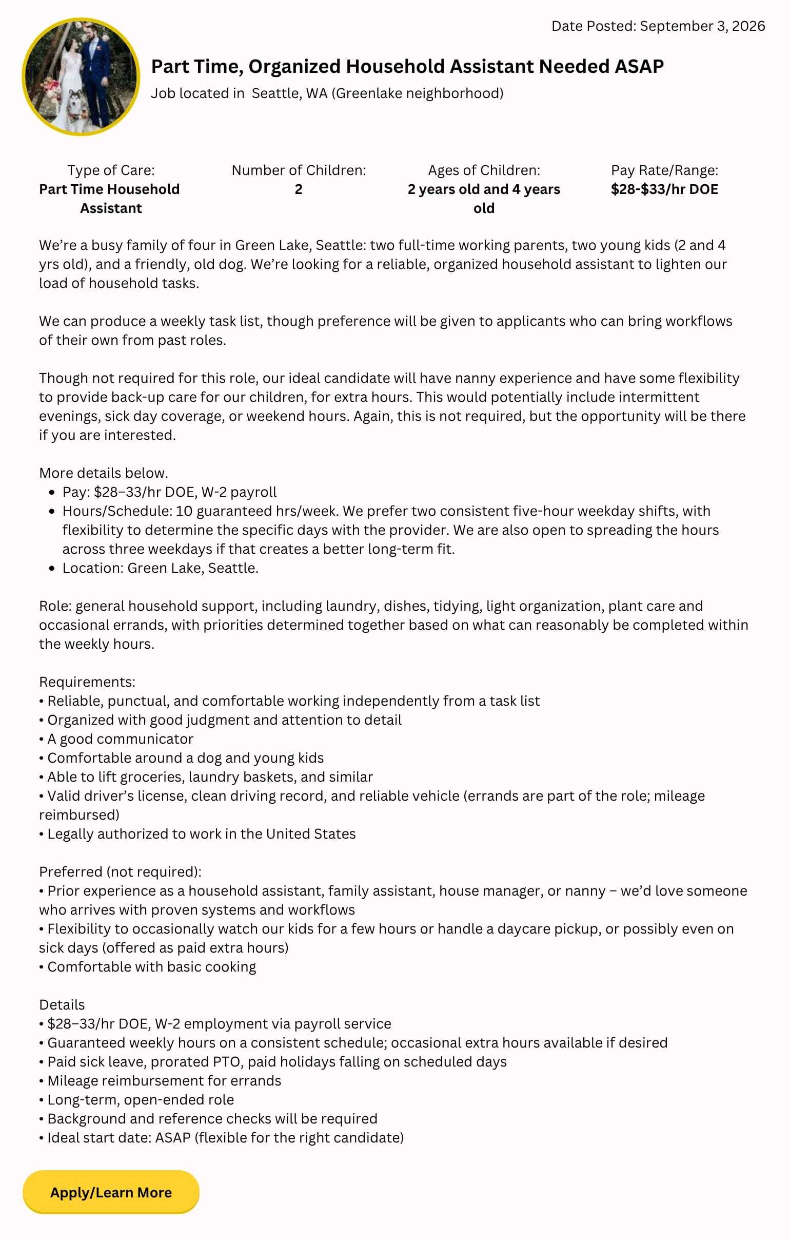 part-time household assistant job in Seattle Green Lake supporting a family with two children ages 2 and 4