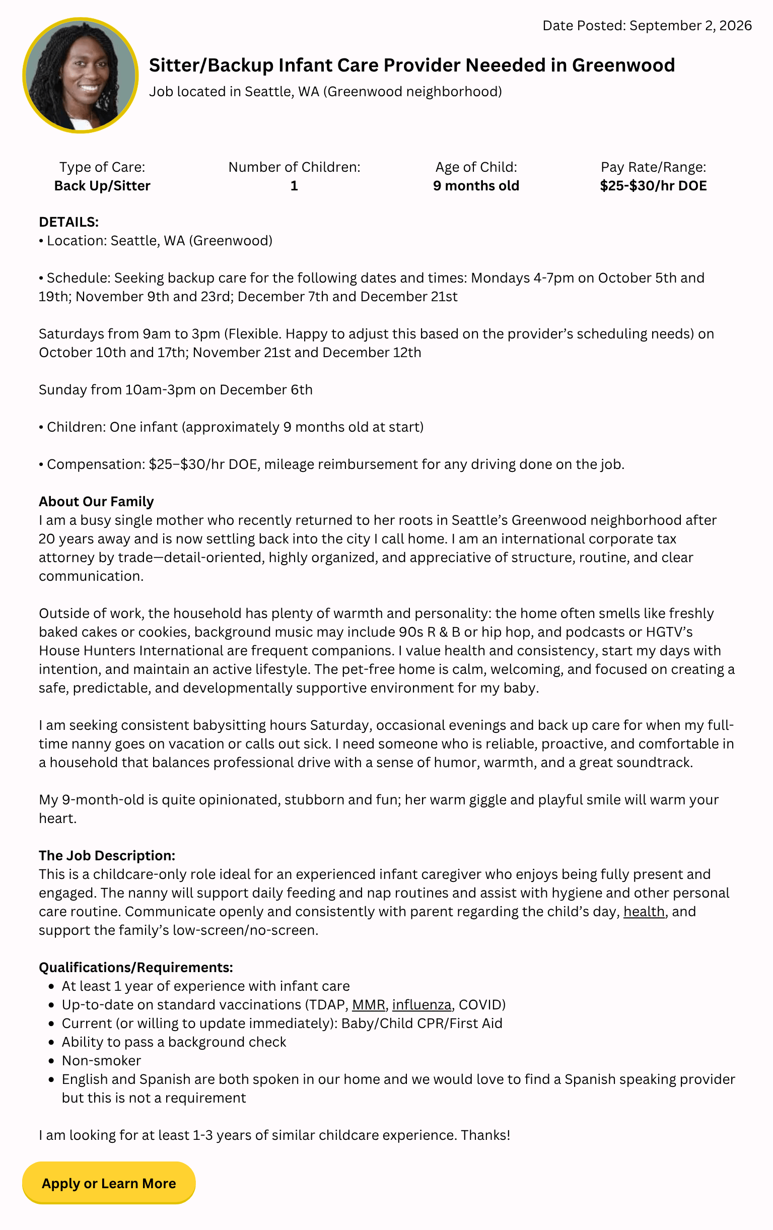 backup infant care provider job in Seattle Greenwood caring for one 8-month-old infant with opportunity for ongoing Saturday childcare
