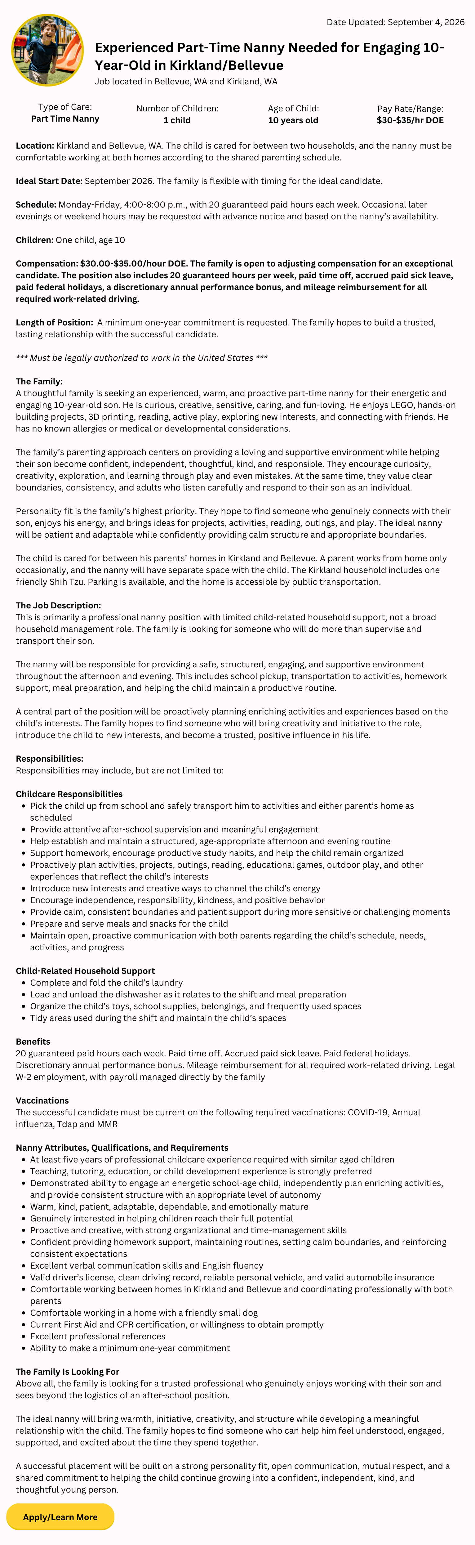 experienced part-time nanny job in Kirkland and Bellevue WA caring for one engaging 10-year-old child in a long-term concierge position