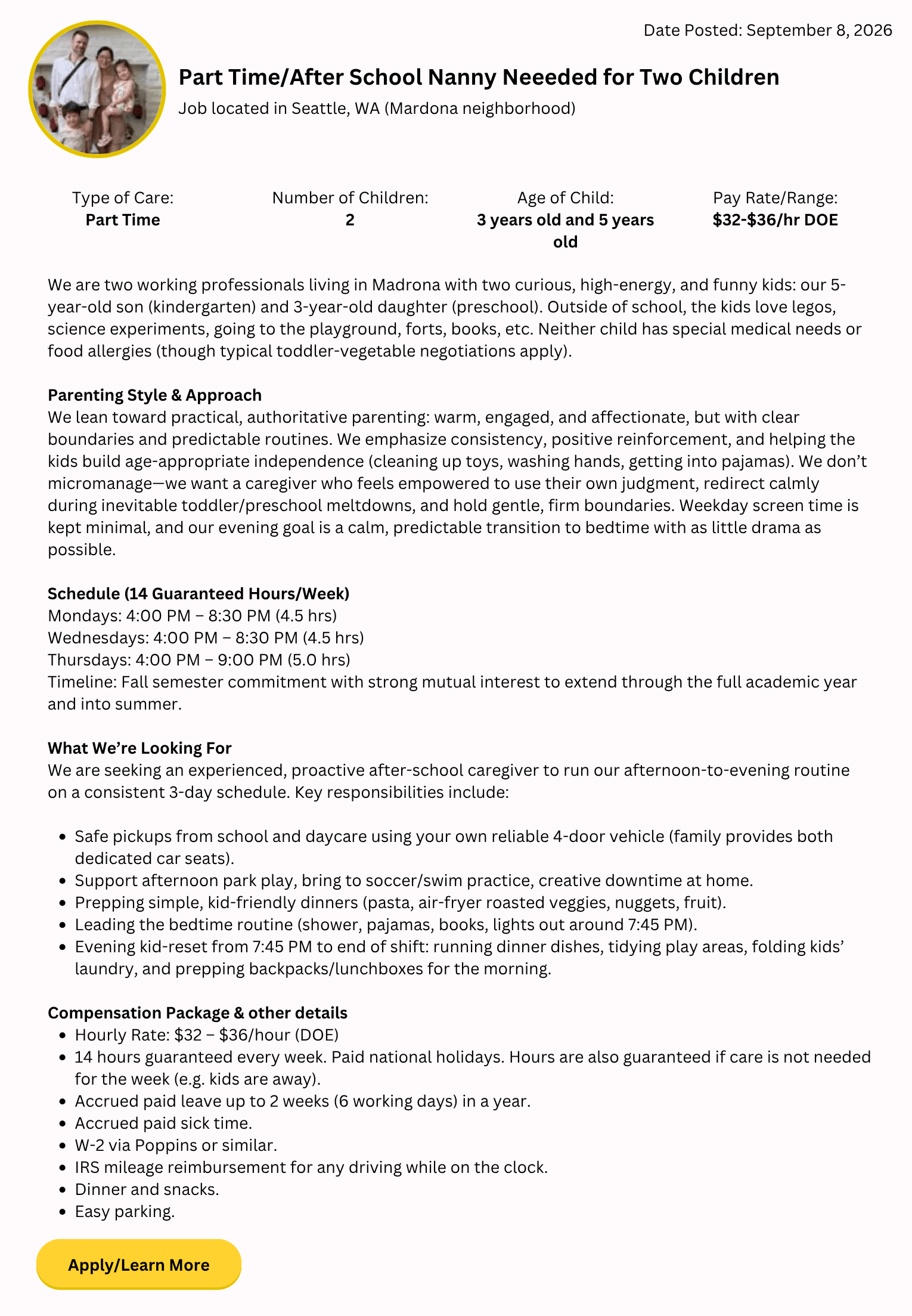 part-time after-school nanny job in Seattle Madrona caring for two children ages 3 and 5