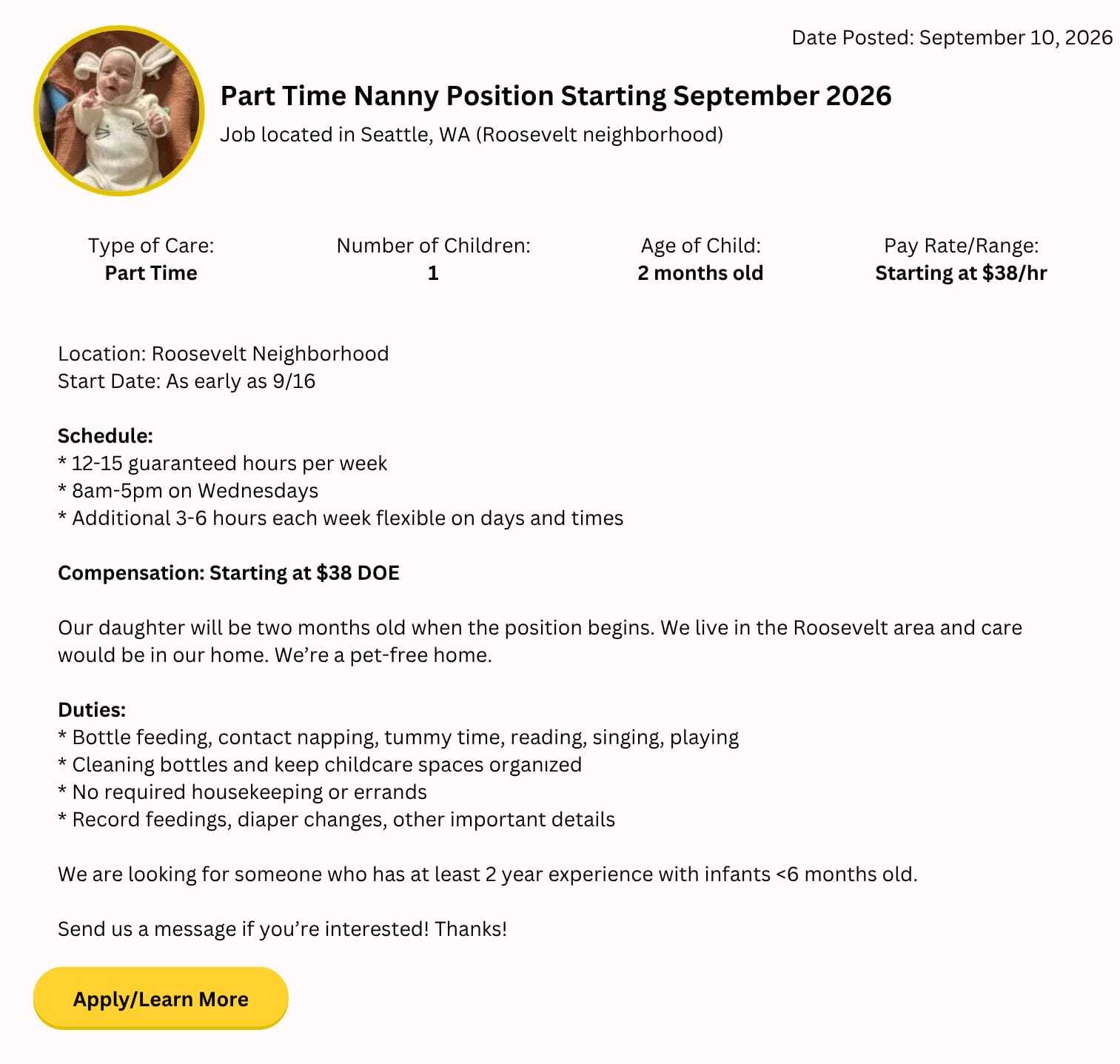 part-time infant nanny job in Seattle Roosevelt caring for one 2-month-old baby with 12 to 15 guaranteed hours per week