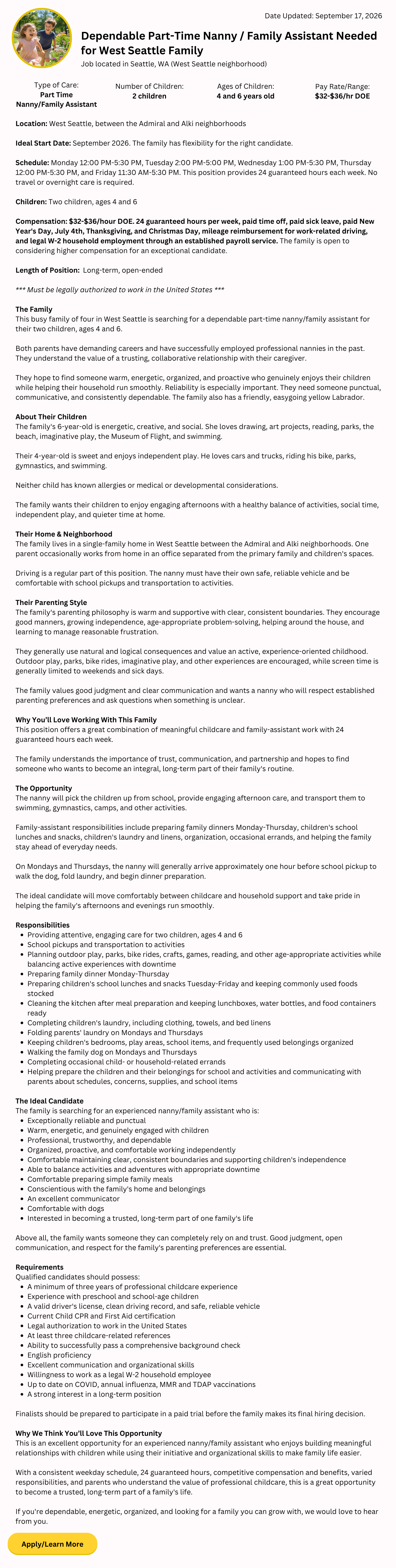 part-time nanny and family assistant job in West Seattle caring for two children ages 4 and 6 in a long-term concierge position