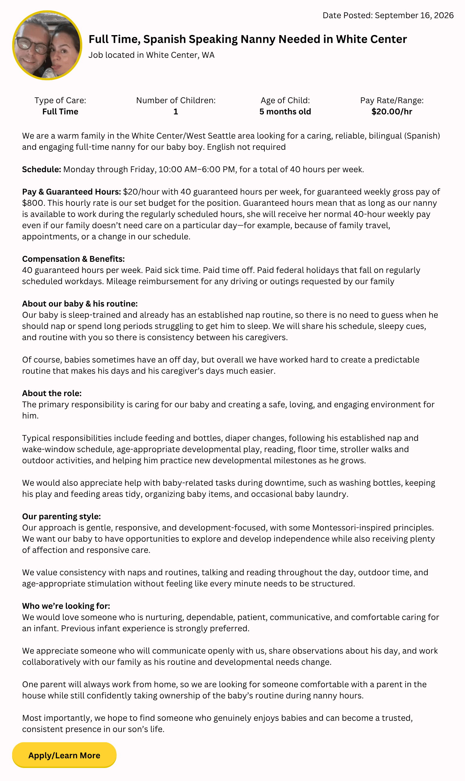 full-time Spanish-speaking infant nanny job in White Center WA caring for one 5-month-old baby with 40 guaranteed hours per week