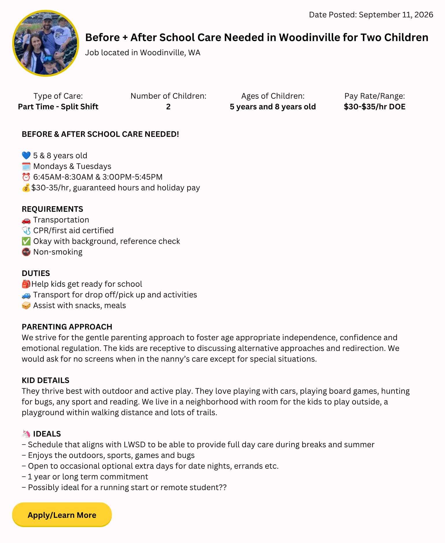 before and after school childcare job in Woodinville WA caring for two children ages 5 and 8 on Mondays and Tuesdays