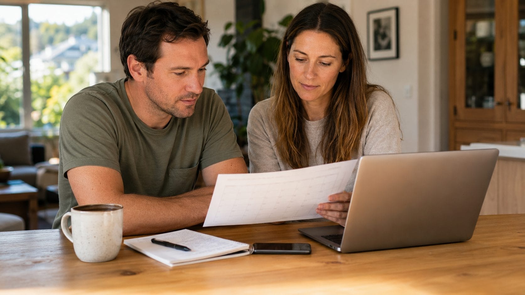 Parents reviewing childcare plans and discussing a nanny search timeline before the school year begins